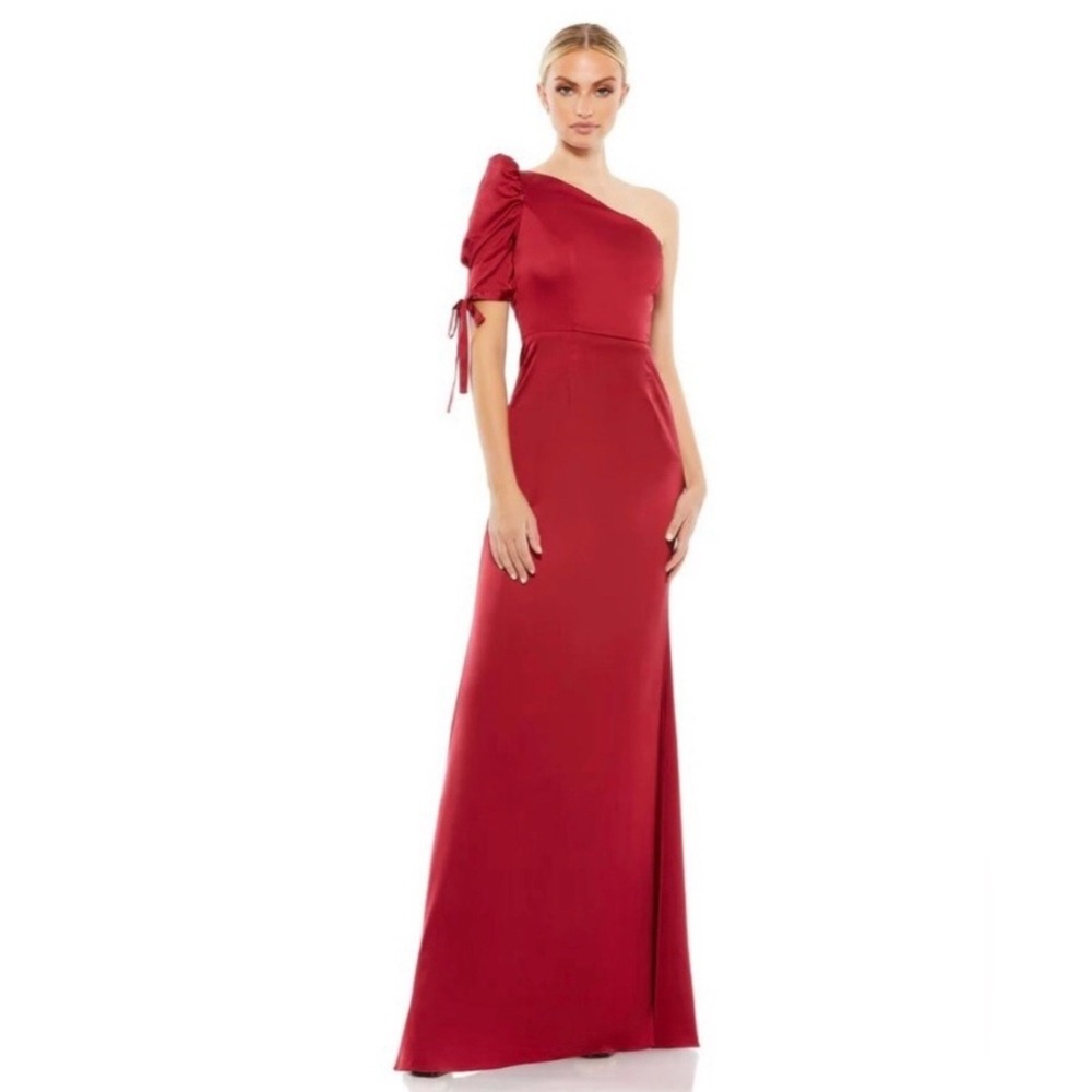 NWT Mac Duggal 55632 Satin One Shoulder Puff Sleeve Trumpet Gown Deep Red Sz 2
